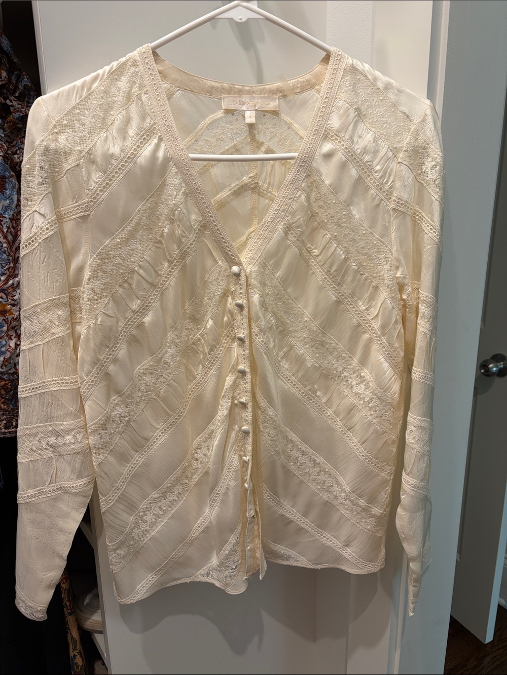 LoveShackFancy Cream Lace-Trim V-Neck Button Blouse 4